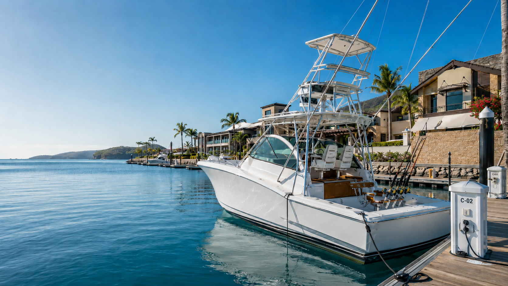 Fishing charter docked at Marina Flamingo, Costa Rica
